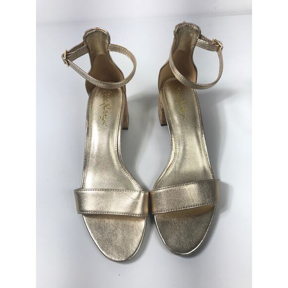 Lilly Pulitzer Women's 8 Gold Low Cork Heel Ankle Strap Sandals Leather Preppy - Picture 1 of 8